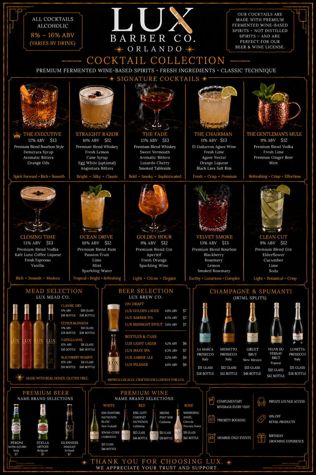LUX Barber Co. beverage menu