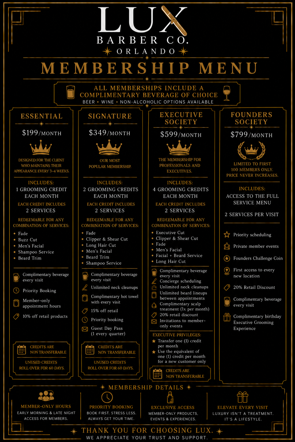 LUX Barber Co. membership menu
