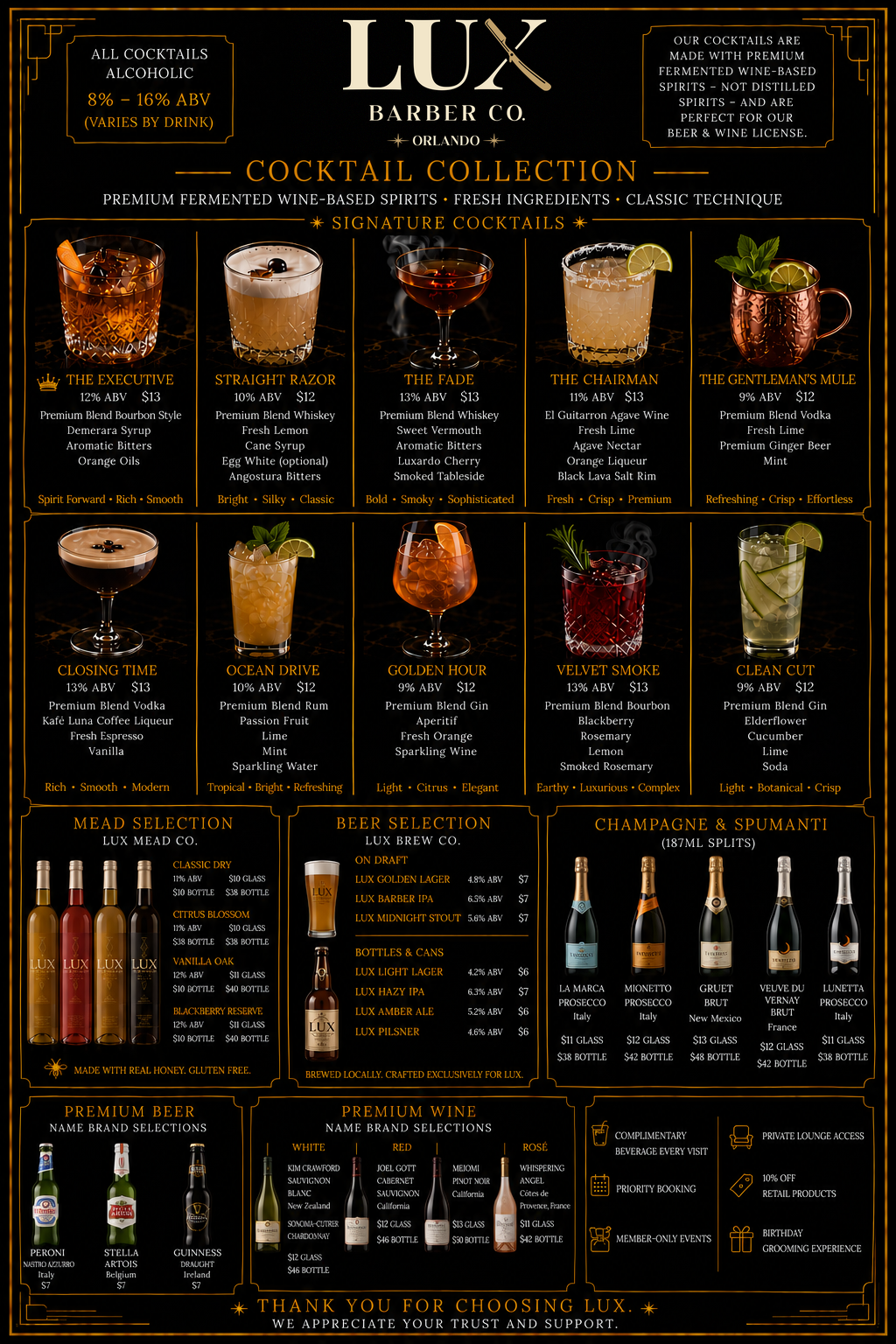 LUX Barber Co. beverage menu