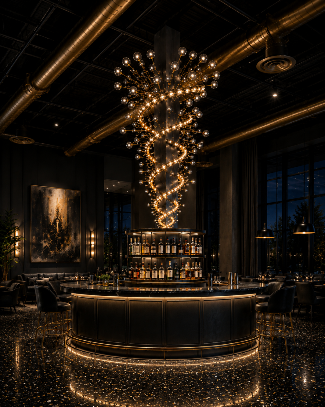 LUX Barber Co. central bar and lounge