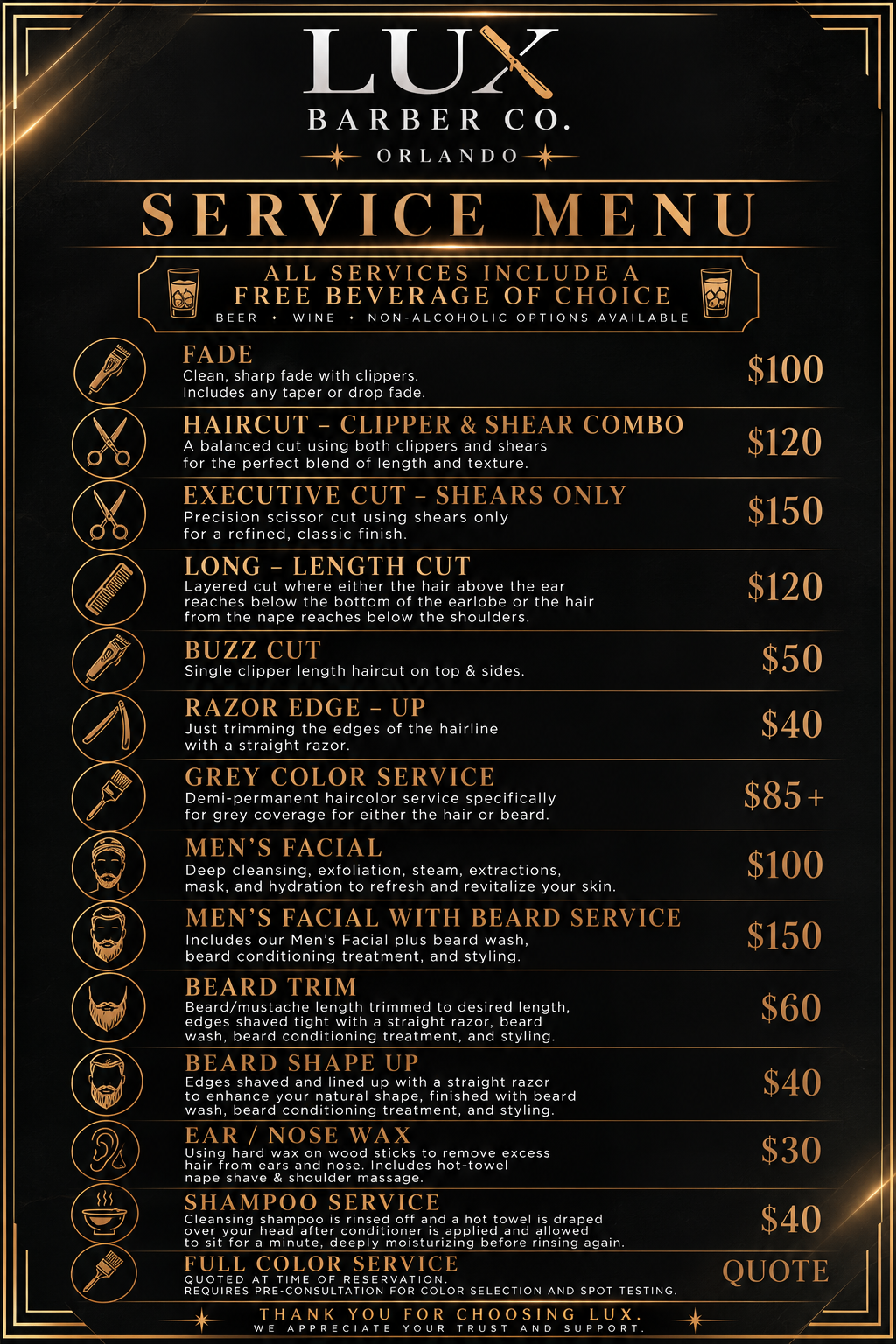 LUX Barber Co. service menu
